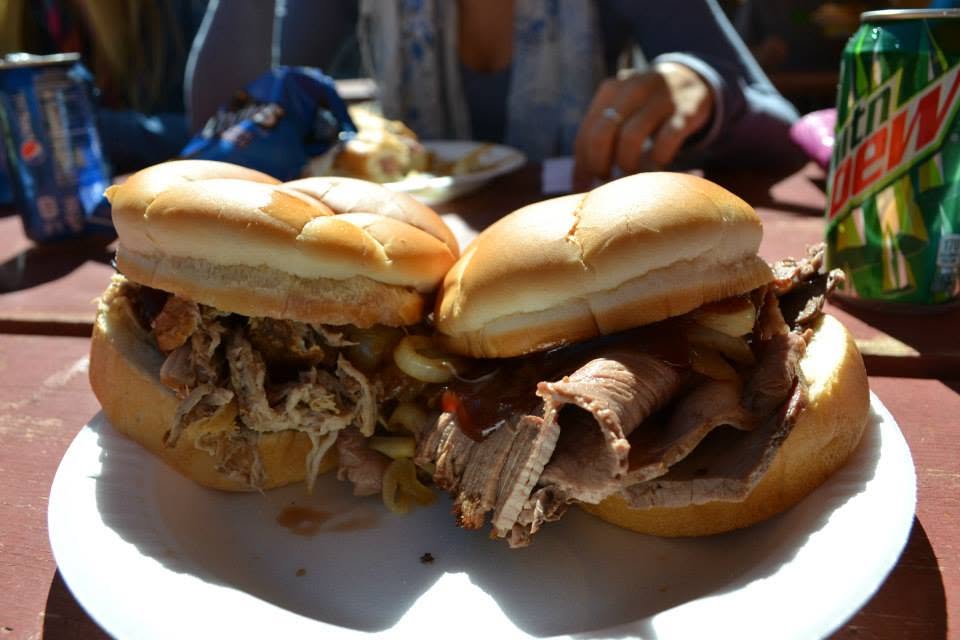 Two hearty festival sandwiches served outdoors